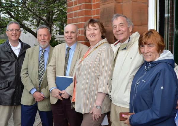 Pictured at the unveiling of a blue plaque in honour of Professor Robert John Gregg at the Larne Museum and Arts Centre are (L to R) Liam Logan, committee member, Chris Spur, chairman and Paul Clements, vice chairman, all the Ulster History Circle,  the Mayor of Mid and East Antrim, Cllr Maureen Morrow , William Gregg, son of Professor Gregg and his wife Irene. INLT 22-005-PSB