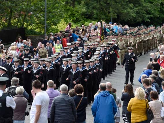Stepping out along the route during Armed Forces Day in Lisburn.  Photo: McAuley Multimedia.