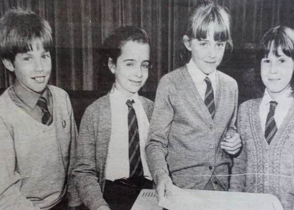 Eden Primary pupils - David, Lisa, Christine and Katie who attended the exhibition in Whitehead Primary which was attended by the Education Minister. 1989