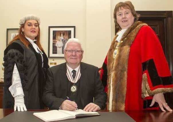 Chief Executive Mrs Anne Donaghy pictured with Mr James Perry, the new Deputy Lieutenant for County Antrim and the Mayor of Mid and East Antrim, Councillor Maureen Morrow.