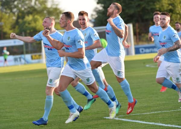 Celebration time for Ballymena United in the Europa League. Pic by Pacemaker.
