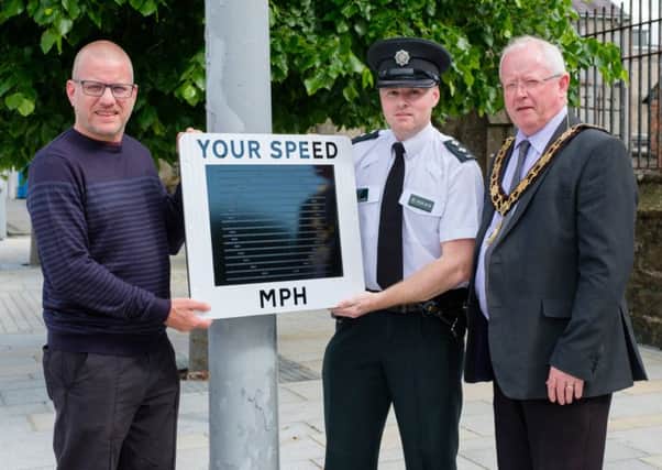 Councillor Paul Dunlop and Mayor of Antrim and Newtownabbey, Alderman John Smyth launching the new Community Speed Watch programme.