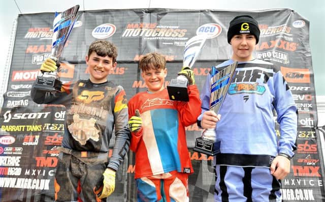 Local boys Fin Wilson, Jake Farrelly and Jay Sherry on the 85cc podium.