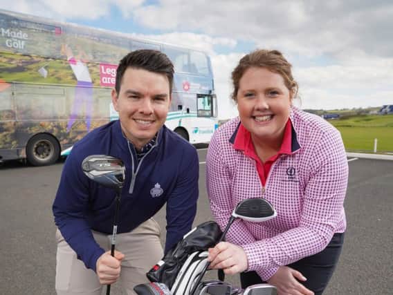 Royal Portrush Golf Club assistant professionals Charlene Reid and Tom Minshull get ready to travel to The 148th Open at Royal Portrush Golf Club, July 14  21, when Translink has put in place special bus, coach and train options  visit www.translink.co.uk/the148thopen for details.