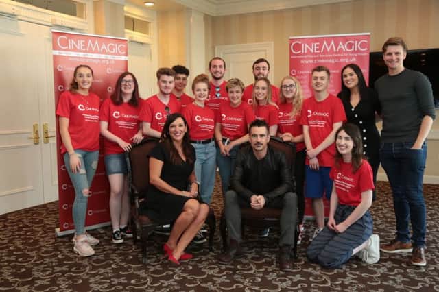 Actor and Cinemagic patron Colin Farrell pictured Northern Ireland Ambassadors for Cinemagic Los Angeles. Pictured back row Left to Right are Alice Crane, Amber Ferguson, Ryan Donnelly, Patrick Roe, Alex Balmer,(from Ballymena) Jack Dunlop, Hannah McVicker, (from Ballymena) Ryan Rafferty, Morgyn Lutton, Cara Orr, Thomas Purdy, Shauna Shivers McAtamney (Cinemagic) and Luke Alexander (Cinemagic). Front Row Left to Right Joan Burney Keatings (Cinemagic CEO), Colin Farrell, Aisling Kerr.