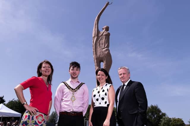 Sara Cunningham-Bell, artist; Sean Bateson, Mayor of Causeway Coast and Glens Borough Council; Professor Karise Hutchinson, Provost, Ulster University Coleraine; Professor Paddy Nixon, Ulster University Vice-Chancellor