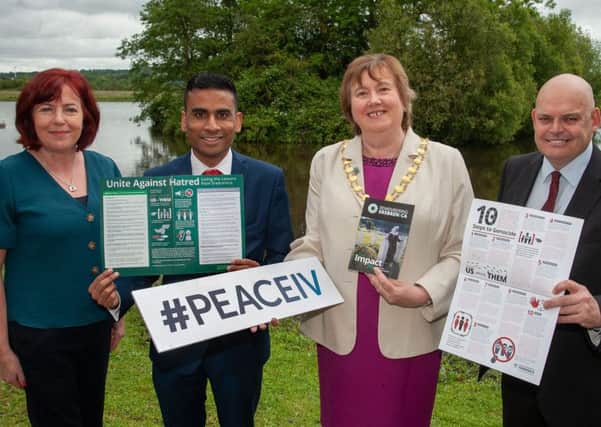 MEABC's Patricia Brennan, Remembering Srebrenica UK's Amil Khan, Mayor Cllr Maureen Morrow and NI Chair of Remembering Srebrenica, Peter Osborne.