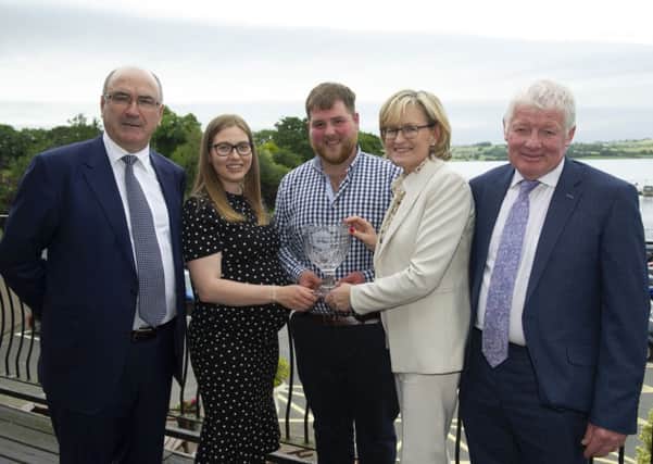 Iain McLean, Bushmills,  won the 1 Million+ litres milk production category of the Lakeland Dairies Milk Quality Awards, for excellence in milk production. At the presentation were (L-R) Michael Hanley CEO, April Baldock, Iain McLean, Mairead McGuinness MEP and Alo Duffy, Chairman, Lakeland Dairies