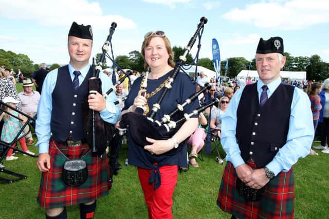 Mayor Councillor Maureen Morrow at the 74th All-Ireland Pipe Band Championships at Ballymena Academy.