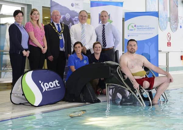 Jackie Fulton (Antrim Forum Manager), Ellen Boyd (Customer Accessibility Officer), Mayor of Antrim and Newtownabbey, Ald John Smyth, Robert Heyburn (Department for Communities), Matt McDowell (Head of Leisure), Andrea Herron from Disability Sport NI, Jayne Moore from Sport NI and Gareth McNeilly launch the Poolpod at Antrim Forum.