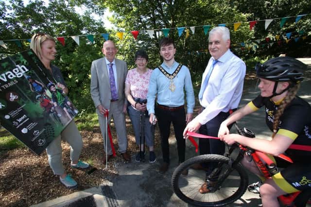 The Mayor of Causeway Coast and Glens Borough Council Councillor Sean Bateson pictured with Helen Lorimer, Ulster Wildlife Trust, George Lucas, Chair of Sport NI, Sandra Moody, Garvagh Forest Strollers, John Joe OBoyle, Chief Executive of the Forest Service and Erin Creighton, Irish Champion Mountain Biker at the recent launch of the Garvagh Forest Trails Project.