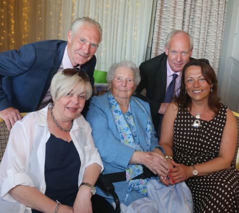 Nellie McKinley from Dunluce Portrush who celebrated her 100th birthday on Monday, July 15 with her sons Sean and Laim and their wives Marie and Liz at the Royal Court Hotel