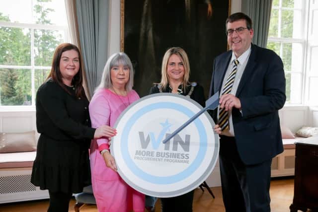 Lord Mayor Mealla Campbell, Melissa Monteith and Janis Simpson-Mahoney, Global Education (NI) Ltd; and Alderman Stephen Moutray, Chair of Economic Development and Regeneration Committee.