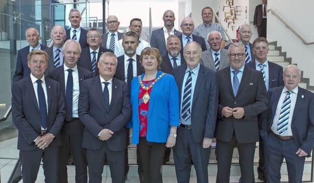 Mayor of Mid and East Antrim Council, Cllr, Maureen Morrow and Director of Operations, Philip Thompson, pictured with Officials of Ballymena Utd FC and Malmo FC including respective Chairmen, John Taggart and Anders Palsson.