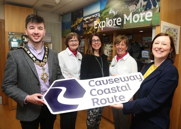 The Mayor of Causeway Coast and Glens Borough Council Councillor Sean Bateson pictured celebrating the recent success of Coleraine and Ballycastle Visitor Information Centres with Mary Dunlop from Coleraine VIC, Caroline Carey, Visitor Servicing Officer, Causeway Coast and Glens Borough Council, Harriet Hamilton from Ballycastle VIC and Brenda Murphy from Tourism NI.