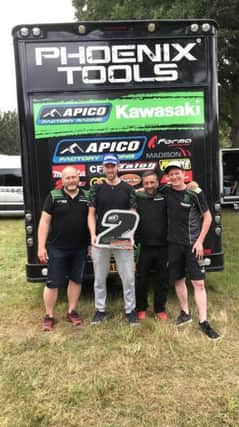 Jason Meara and the Phoenix Tools Apico Kawasaki team celebrate second in the MX1 Experts British Championshp meeting at Hawkstone Park.