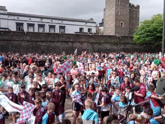 The 2019 O'Neill's Foyle Cup parade arrives in Guildhall Square this morning.