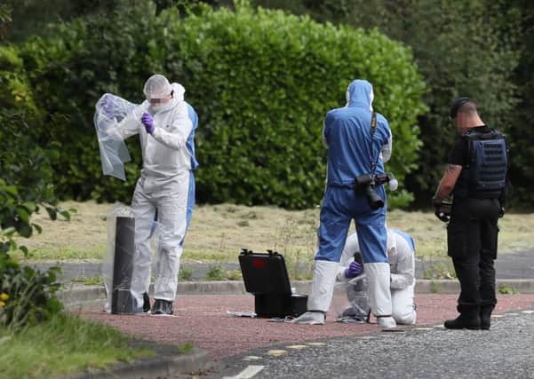 An ammunition technical officer and forensic officers at Tullygally Road, Craigavon, Co Armagh on Saturday
