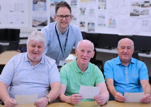 Pictured are (L-R front row) Willie Aiken, Jimmy Stratton and Uel Mairs, with Construction Lecturer at Northern Regional College, Richard King (back row), reliving memories of the visitors time at the College during a recent visit