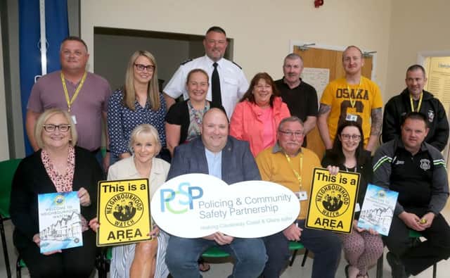 Pictured at the launch of the new Neighbourhood Watch Schemes in Dungiven are Inspector Colin Shaw, PSNI, PCSP staff from Causeway Coast and Glens Borough Council, PCSP members Caroline White and Councillor Brenda Chivers and PCSP Vice Chair Anthony Mc Peake.