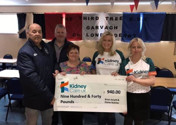 Brian Smyth; Pat Shelly, President of Garvagh Rangers Club;  Elaine Butcher; Kidney Care UK NI Ambassador Jo-Anne Dobson and kidney recipient Heather Vance