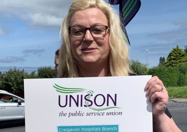 A UNISON protester at Craigavon Area Hospital on Thursday