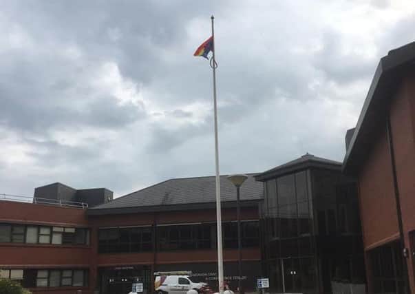 Pride flag flying from Craigavon Civic Centre