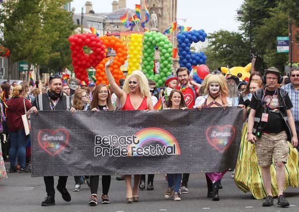 Crowds in the Belfast Pride parade in the city centre in 2017