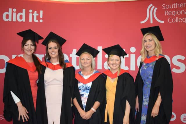 Health and Social Care students from Banbridge Campus celebrating at the SRC Higher Education Graduation. L-R: Katie-Jane Long, Danielle McAleenan, Paula Gilbert, Caroline Wilson and Laura Russell