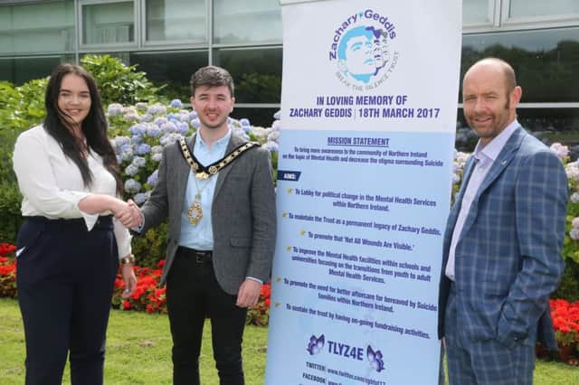 The Mayor of Causeway Coast and Glens Borough Council Councillor Sean Bateson pictured with Yasmin and Terry Geddis from The Zachary Geddis Break the Silence Trust, which has been selected as the Mayors official charity for the year ahead
