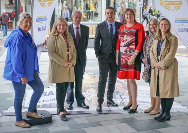 Great British High Street judges with Kathleen McBride,  BID manager Trevor Parker, BRAC manager, the Mayor, Cllr Maureen Morrow and Tracey Campbell, MEA Council.