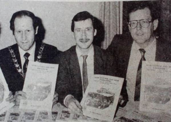 At the launch of the commemorative booklet for the 75th anniversary of the Larne gunrunning are - Ronnie Hanna (Ulster Society), Larne Mayor Winston Fulton,  author David Hume and David Trimble (Ulster Society). 1989