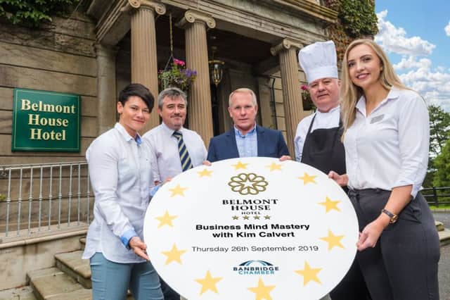 Kim Calvert, high-performance mentor and world-leading motivational speaker is pictured alongside Joe Quail, Banbridge Chamber of Commerce, Walter Russell, owner of the Belmont House Hotel, Frank Lennon, Executive Chef and Julie-Ann Smart, Manageress