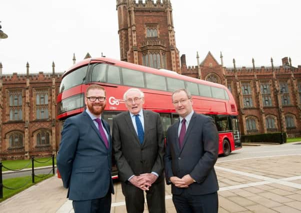 As the Wrights Group marked its 70th anniversary year in 2016, a new centre named after one of the companys founders was established at Queens University Belfast, the William Wright Technology Centre.
Pictured from left are  Economy Minister Simon Hamilton,
Dr William Wright CBE, who founded the company with his father in 1946, and Queens Vice-Chancellor Professor Patrick Johnston.