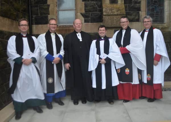 (L-R) Ven David Huss (Archdeacon of Raphoe); Very Rev Kenneth Hall (Dean of Clogher); Rev Canon David Crooks (Diocesan Registrar); Rev Chris Mac Bruithin (Rector); Ven. Robert Miller (Archbishop's Commissary); and Rev Canon Harold Given (Rural Dean)