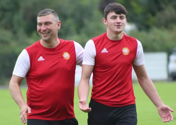 Portadown boss Matthew Tipton (left) and striker Lee Bonis during a recent appearance in a Laurelvale Cricket Club event. Pic by Portadown FC