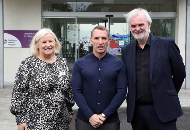 Leicester City manager Brendan Rodgers (centre) with Northern Ireland Hospice CEO Heather Weir and comedian Tim McGarry, who co-hosted a Ambassador breakfast at Northern Ireland Hospice. Picture by Darren KIdd / Press Eye