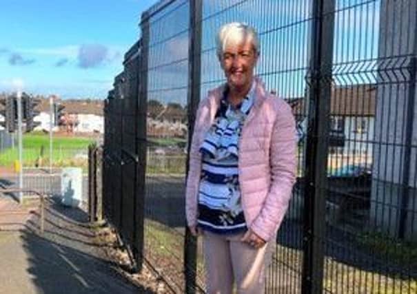Cllr Angela Smyth at the new fence between Boyne Square and Larne High School.