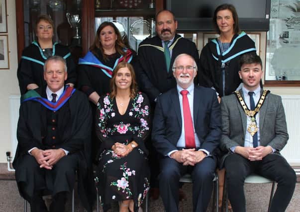 Guests and senior leaders at Dalriada prize day: (back) Mrs Heather Millar, Ms Louise Crawford, Mr John Devlin, Mrs Janice Emerson; (front) Mr Tom Skelton Headmaster, Miss Katie Mullan Chief Guest, Mr Brian Dillon Chairman, Cllr Sean Bateson, Mayor of Causeway Coast and Glens Borough Council