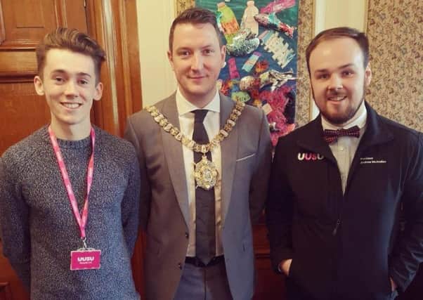 Andrew (UUSU President) and Owen (VP Coleraine) met with Lord Mayor of Belfast, Cllr John Finucane ahead of today's demonstration.