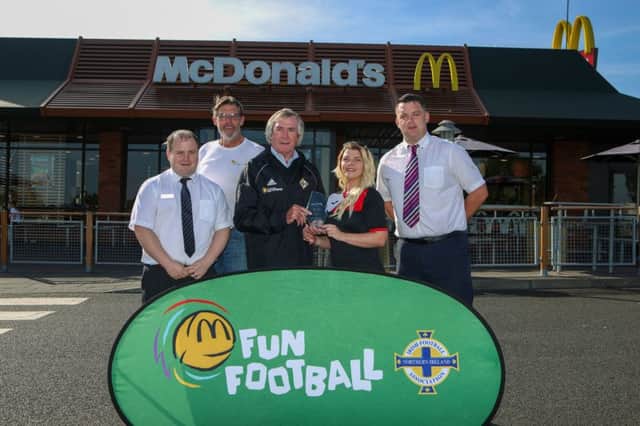 Pictured is Gareth Moore, McDonalds, Malcolm Roberts IFA, Pat Jennings, Kym Mulholland, Lisburn Rovers FC and Gavin Doran, McDonalds