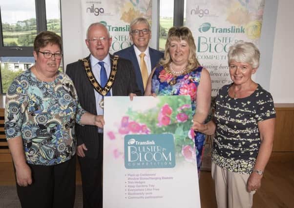 Celebrating success at the Translink Ulster in Bloom 2019 Awards where Ballynure won the Small Village Category, pictured L-R Linda Dodds- Ballynure in Bloom; Alderman John Smyth- Mayor of Antrim and Newtownabbey Borough Council; Dr Mark Sweeney OBE- Translink Board Member; Cllr Frances Burton- President, NI Local Government Association; and Jackie Wells- Ballynure in Bloom.
