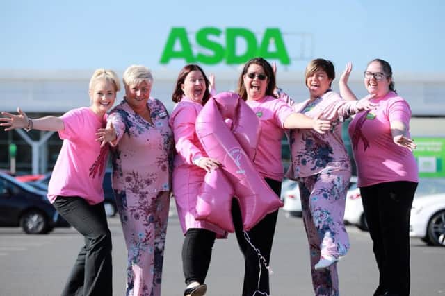 Shannon Linton, Asda Coleraine is joined by other community champion colleagues, Victoria Gregg, Asda Bangor, Barbara Logan, Asda Antrim, Shannon Linton, Asda Coleraine, Catherine McCallion, Asda Larne and Linda Owens, Asda Downpatrick alongside Dr Niamh Buckley, from the School of Pharmacy at Queens University Belfast and Breast Cancer Now Scientific Fellow