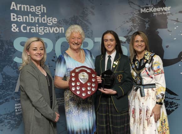 Youth School Team sponsored by Armagh Sports and Trophies  Award winner: St Catherines College U16 Girls Gaelic Football Team, presented by Sheena Kerr-McNally (Armagh Sports and Trophies), Lord Mayor Cllr Mealla Campbell and Lady Mary Peters