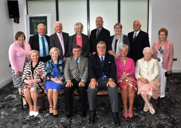 Some of the ladies attending the afternoon tea with representatives of Banbridge District Masonic Charity Committee and Down Masonic Widows Fund. Pictured are Graham Walker, Secretary, Trevor Waddell, Chairman. Back row Frank Beckett, Gift Aid Treasurer, Trevor McNeill, Vice President, Alan Woods, Vice President, Eric Williamson, Trustee Down Masonic Widows Fund