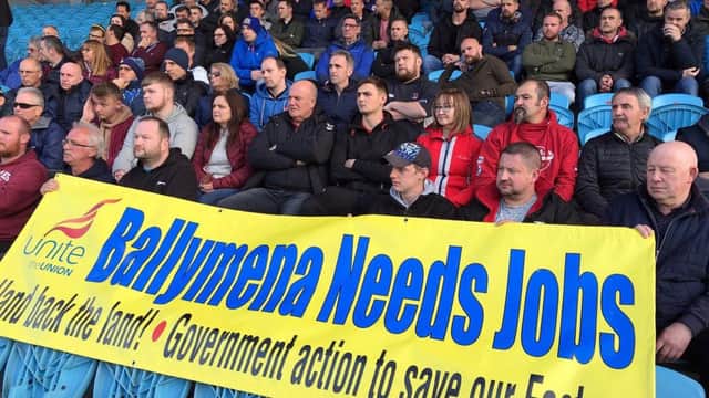 Wrightbus workers and families at the mass meeting for jobs at Ballymena showgrounds