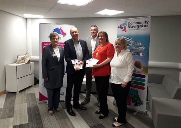 Pictured at the launch of the SCAMChampions project in Mid and East Antrim - Eve Booker MEAAP, Peter May - Department of Justice, Paul Black PSNI, MEABC Mayor Cllr Maureen Morrow, and Edna Walmsley MEAAP.