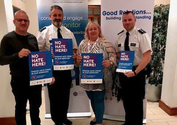 Councillor Paul Dunlop, Chairperson of Antrim and Newtownabbey PCSP pictured with PCSP and PSNI at the launch of the No Hate Here campaign