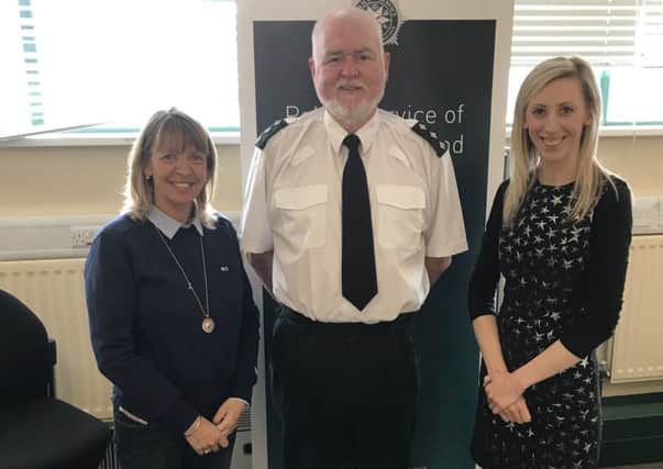 DUP Cllr Margaret Tinsley with Chief Inspector Barney O'Connor and MLA Carla Lockhart
