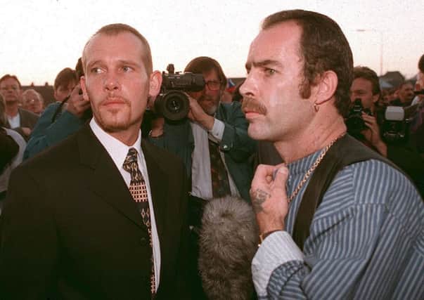PACEMAKER BFST 11-06-02:  Mark Fulton pictured (left)in 1996 who was found dead today in his prison cell.  He is pictured with his close friend and associate of  Former LVF leader Billy Wright.